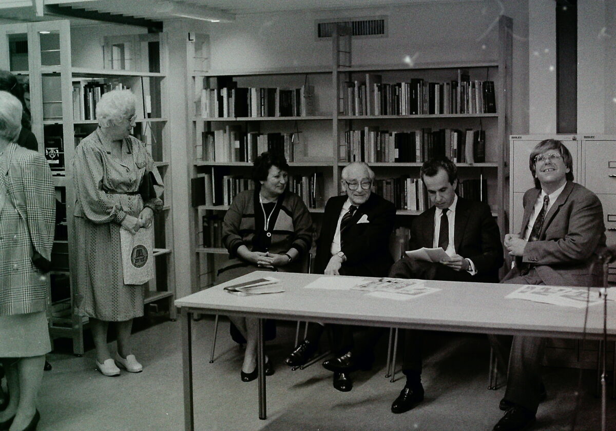 Literaturhaus Wien Pressekonferenz zur Eröffnung am 30.09.1991, v. li. n. re.: Hilde Hawlicek (BM a. D.), Victor Suchy, BM Rudolf Scholten, Heinz Lunzer, © Heide Heide