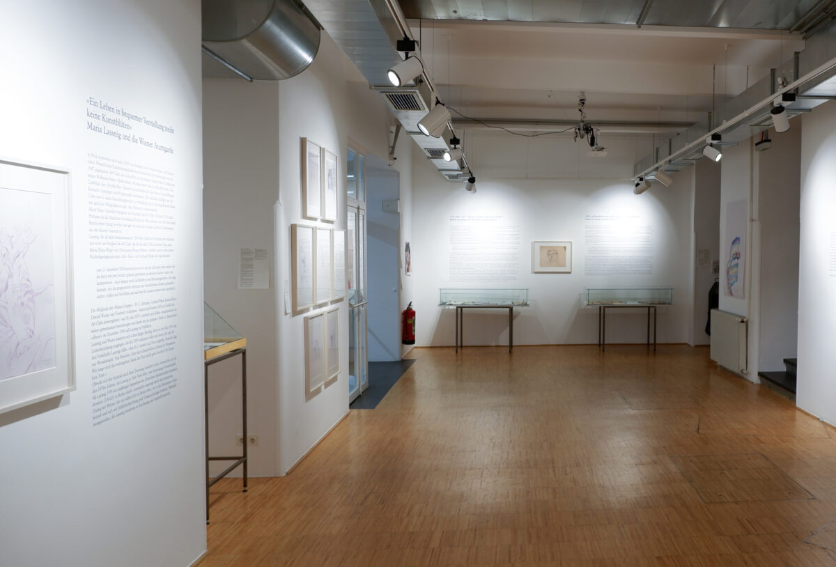 Einblick in die Ausstellung »Moränen neben den Gletscherzungen der Geschehnisse« – Maria Lassnig und die Literatur, Foto © Gerhard Himmer 2024